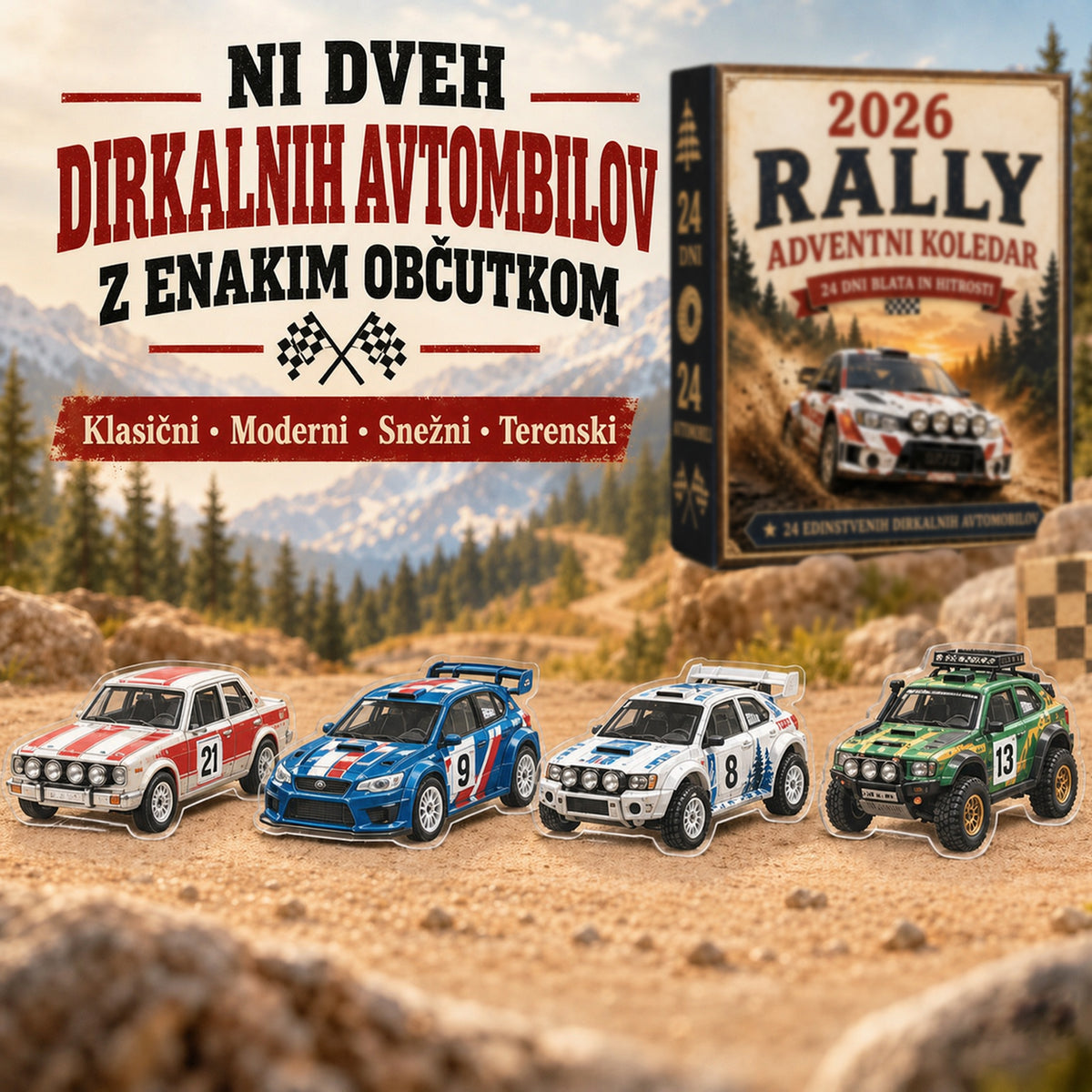 🏎️ Reli božični adventni koledar 2026 – 24 dni polnih hitrosti in vznemirjenja, 24 reli dirkalnih avtomobilov za zbiranje (2D modeli)🥇